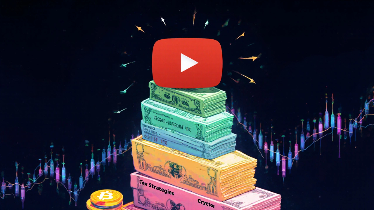 A dollar bill stack shaped like a YouTube play button with financial sub-niches as steps.