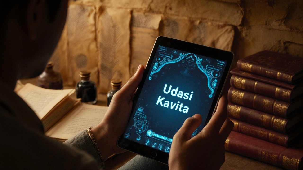 A modern writer views a tablet of Udasi Kavita beside ancient manuscripts.