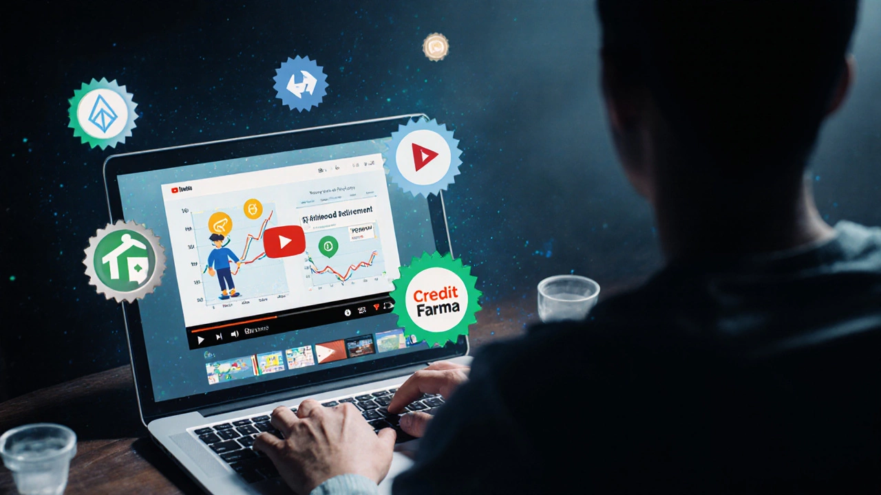 A viewer watching a finance video with floating icons of budgeting and investment apps.