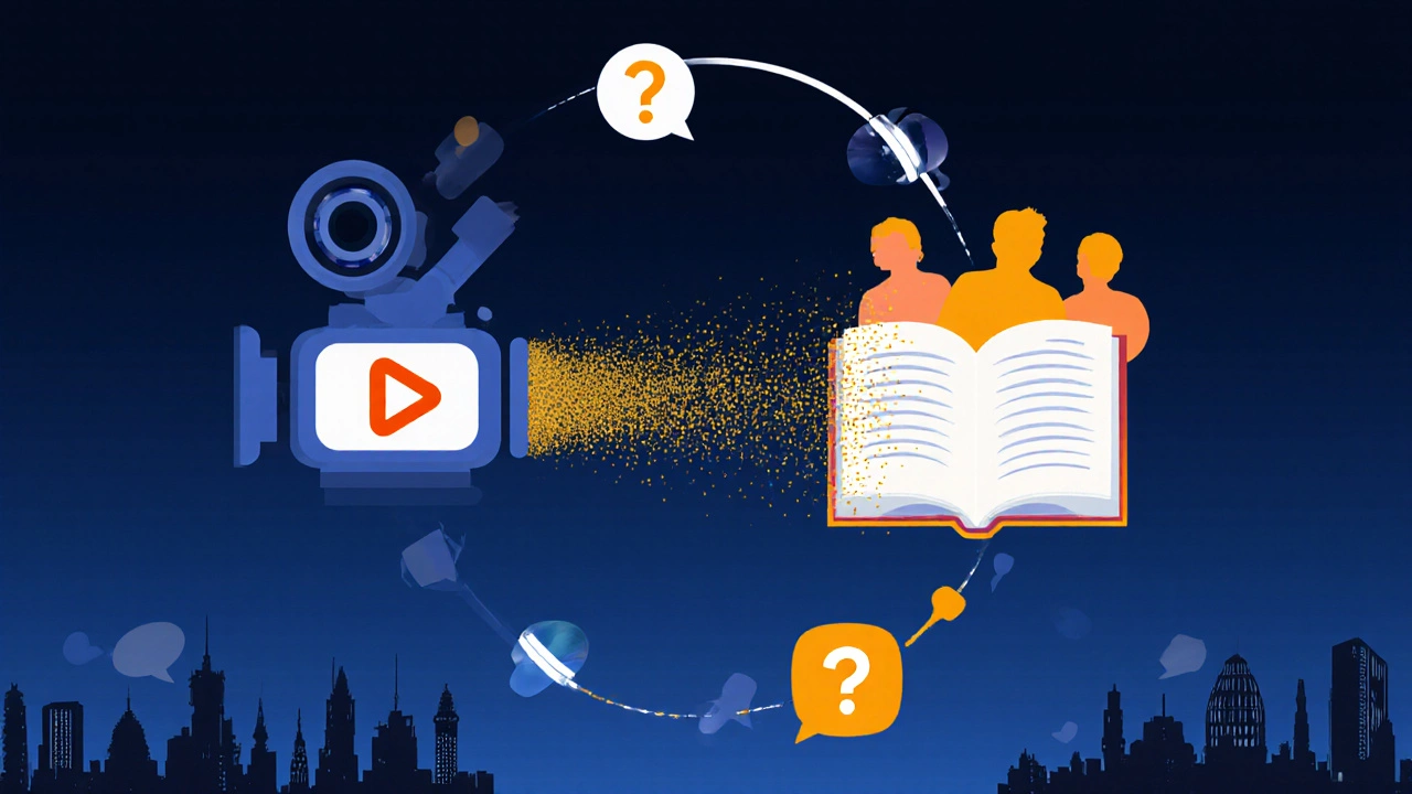 Artistic loop illustrating a camera feeding into a notebook, representing video‑to‑blog synergy.
