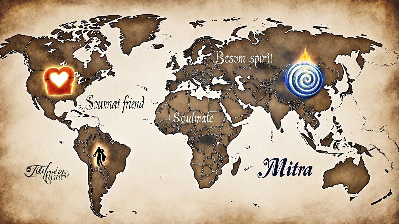 Artistic parchment map showing global friendship terms with symbolic illustrations.