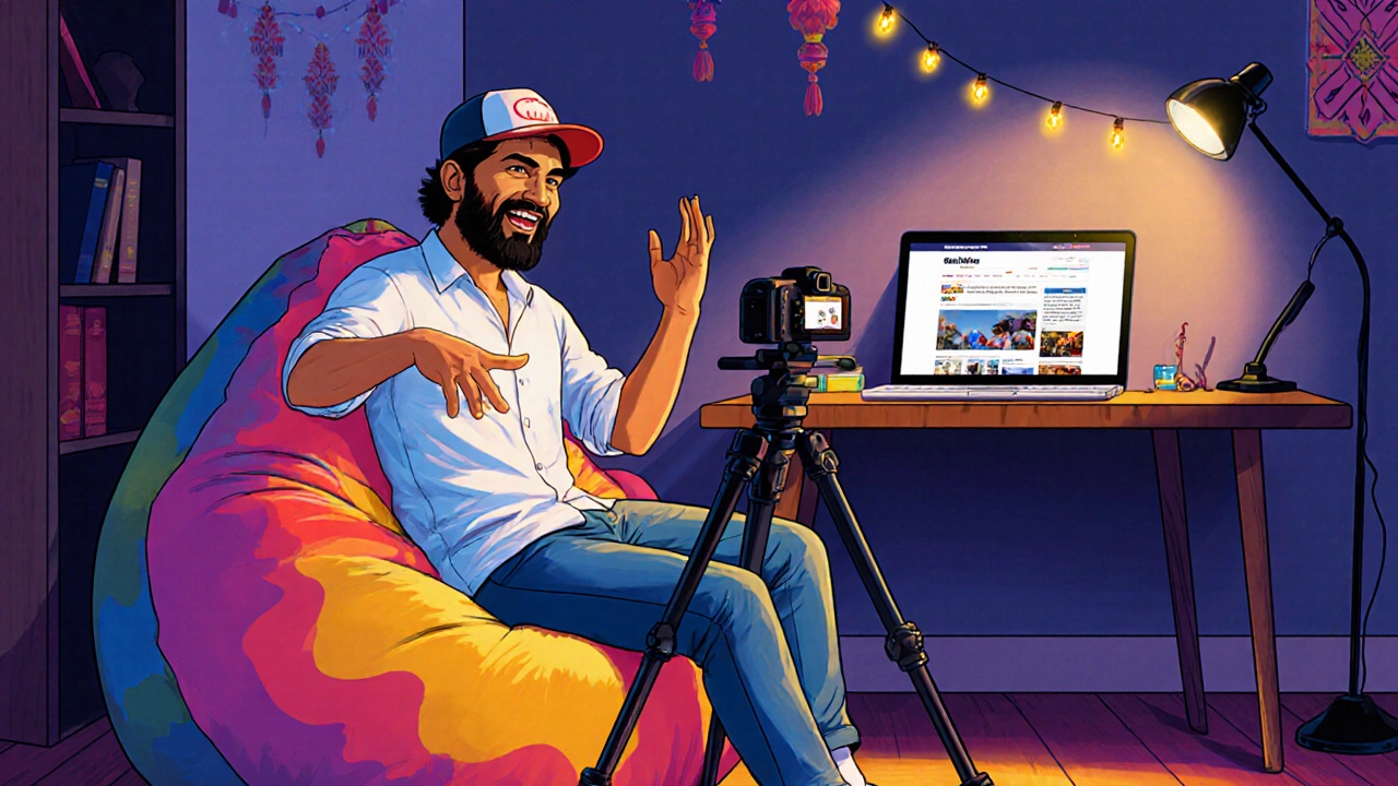 Bhuvan Bam recording a comedy video in a studio while a laptop shows a blog layout behind him.