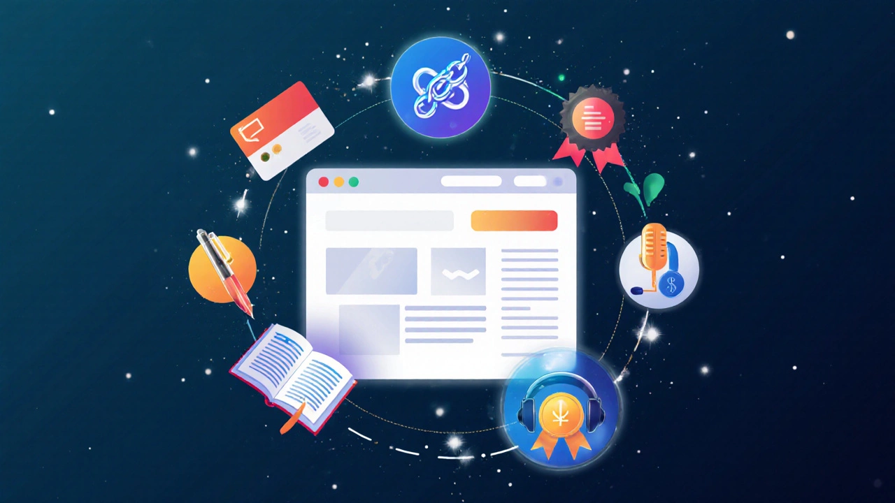 Blog page surrounded by floating icons representing ads, affiliate links, sponsored content, e‑book, membership, and consulting.