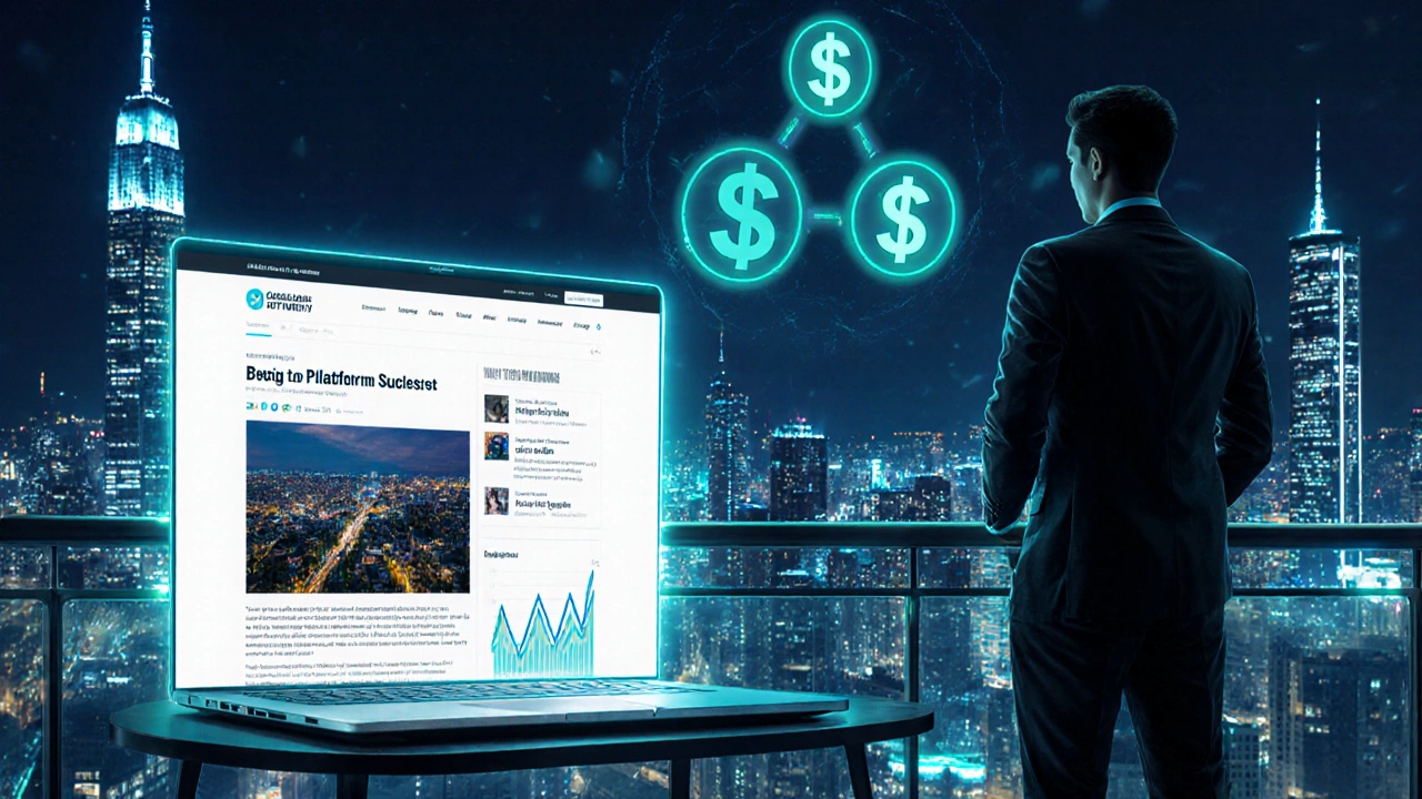 Blogger on balcony at night with laptop showing blog stats and glowing city skyline.