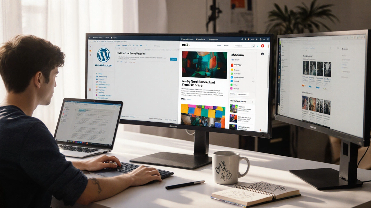 Content creator at a desk with a split-screen monitor comparing WordPress, Medium, Wix, and Squarespace interfaces.
