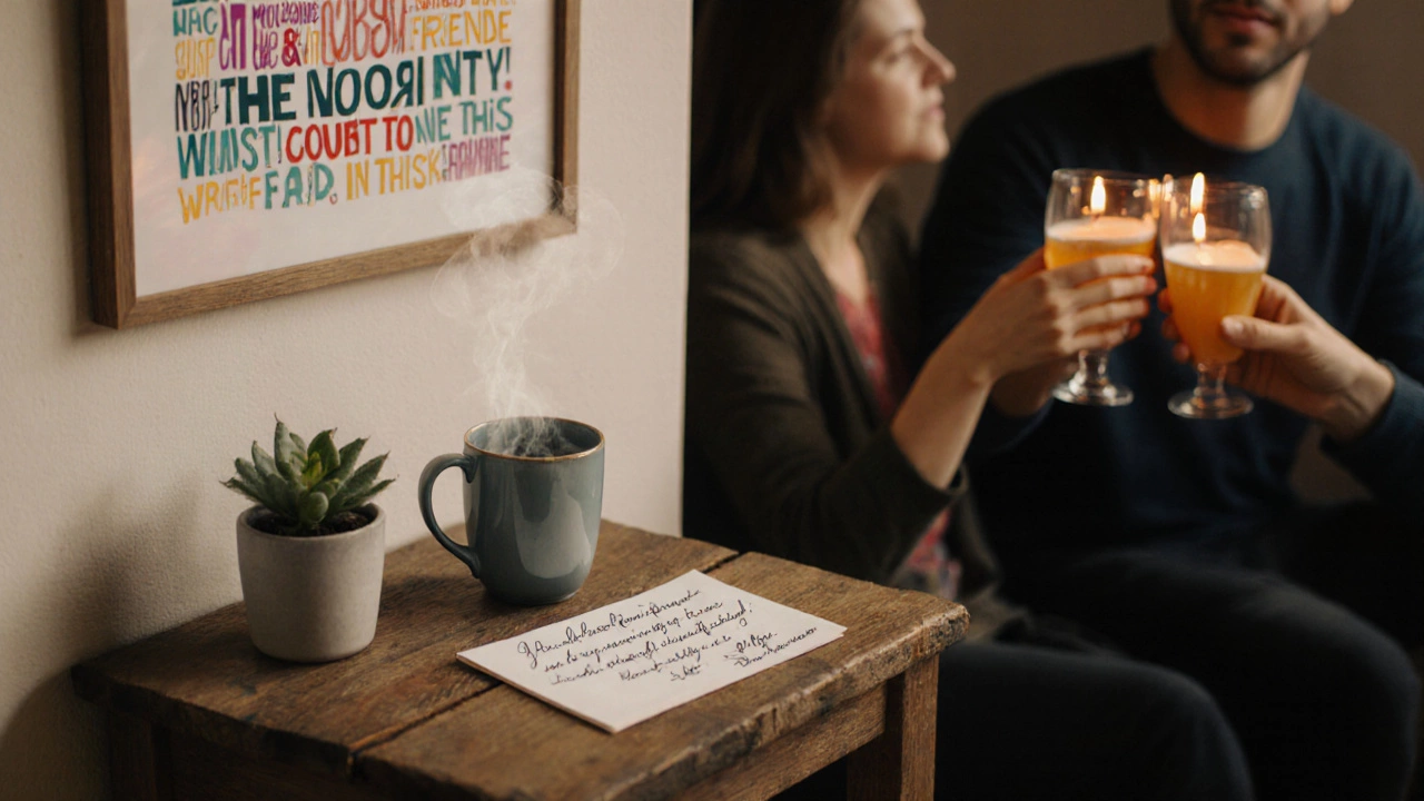 Cozy room with a framed friendship quote, handwritten note, and friends raising glasses in a toast.