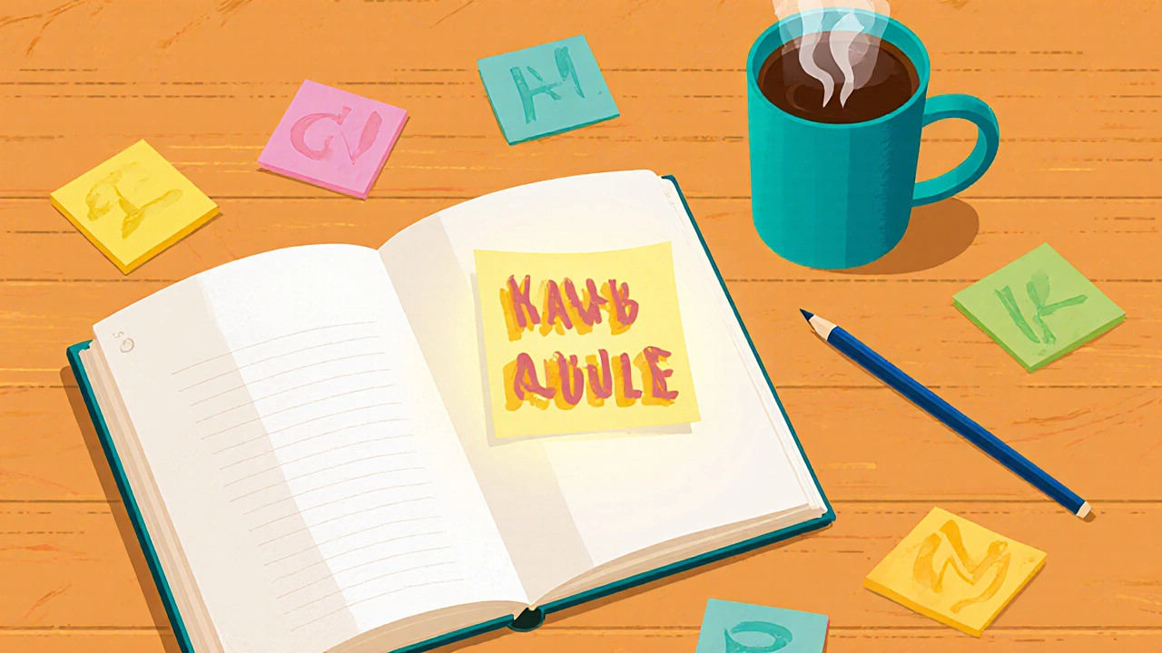 Creative desk with notebook and a highlighted sticky note suggesting a short quote.