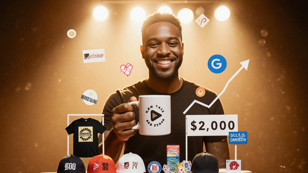 Creator celebrating ,000 earnings with merch and sponsorship symbols.