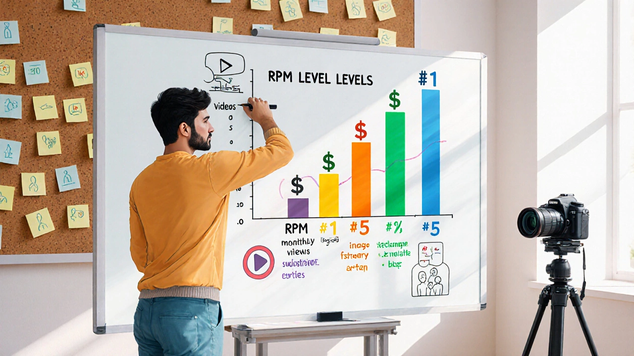 Creator drawing a colorful RPM and subscriber table on a glass whiteboard.