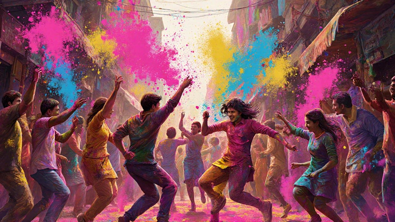 Crowds celebrating Holi, throwing colorful powders on a lively street.