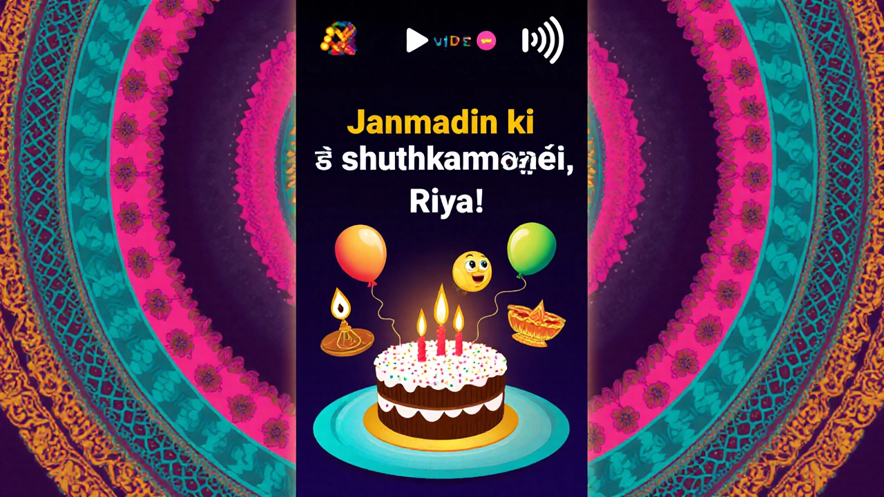 Digital birthday e‑card showing a lit cake, emojis, rangoli background, and Hindi text.