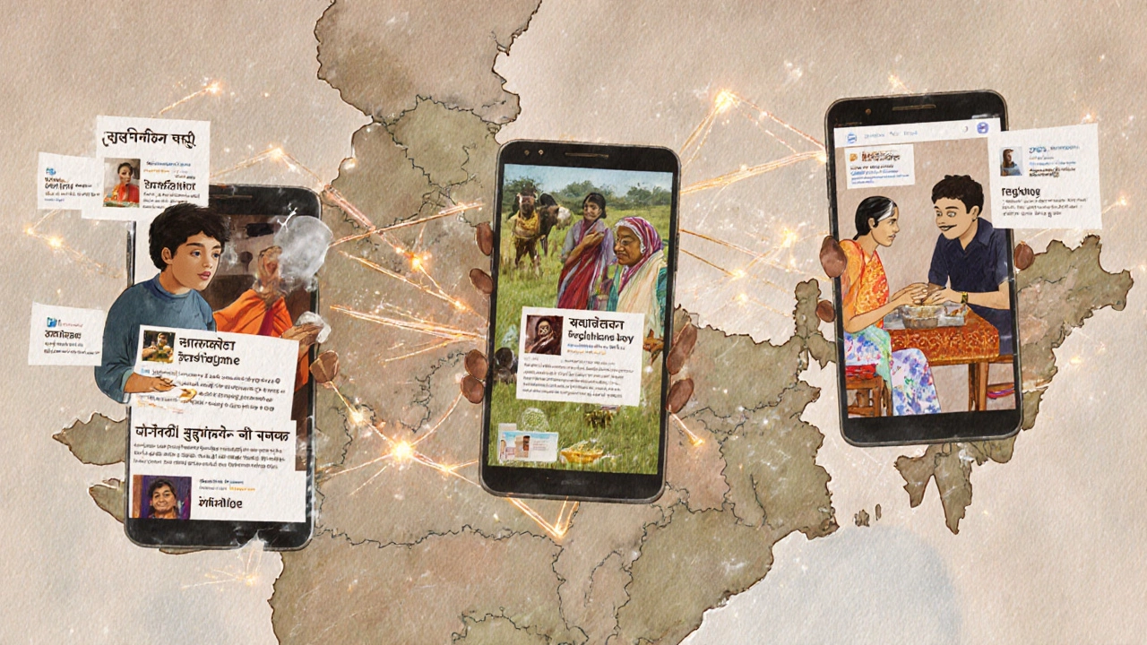 Diverse Indian bloggers in urban and rural settings connected by digital threads over a map of India.