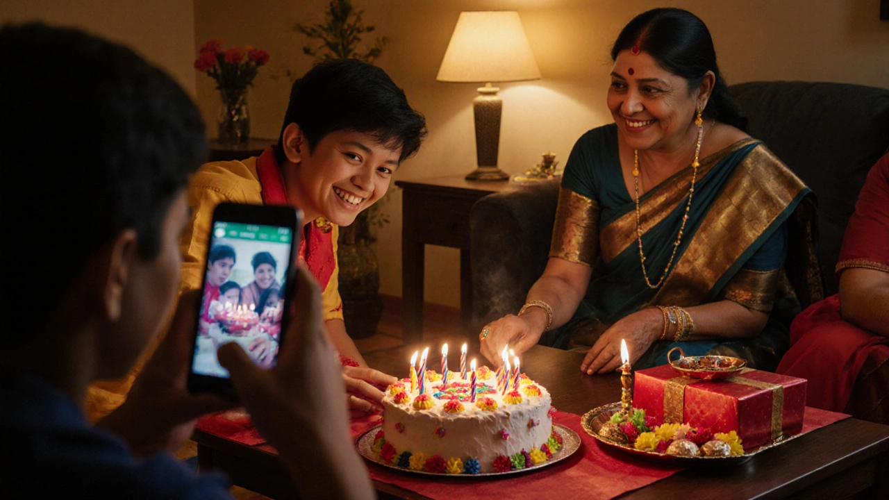 Family gathering with cake cutting, puja, sweets, and a selfie on a smartphone.
