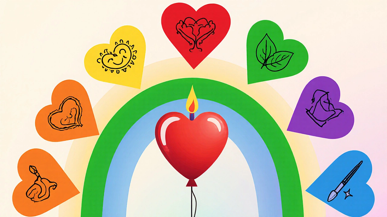Flat illustration of colored heart emojis with symbols around a birthday balloon.