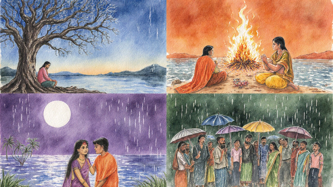 Four watercolor panels showing Udasi, Shok, Virah, and Karuna poetry scenes.