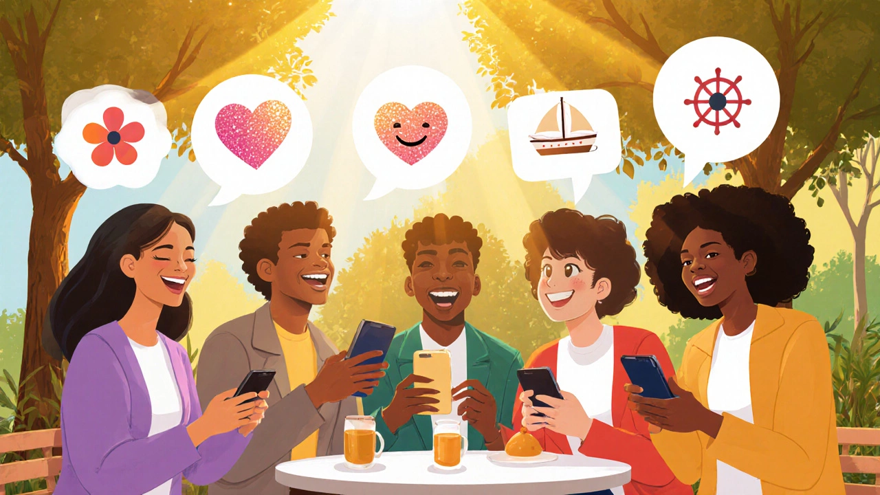 Friends at a café laughing, with emoji‑filled speech bubbles floating above.