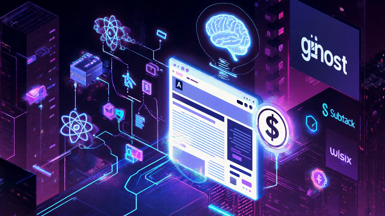 Futuristic illustration of headless CMS, AI content generation, and subscription models with neon cyber‑punk aesthetics.
