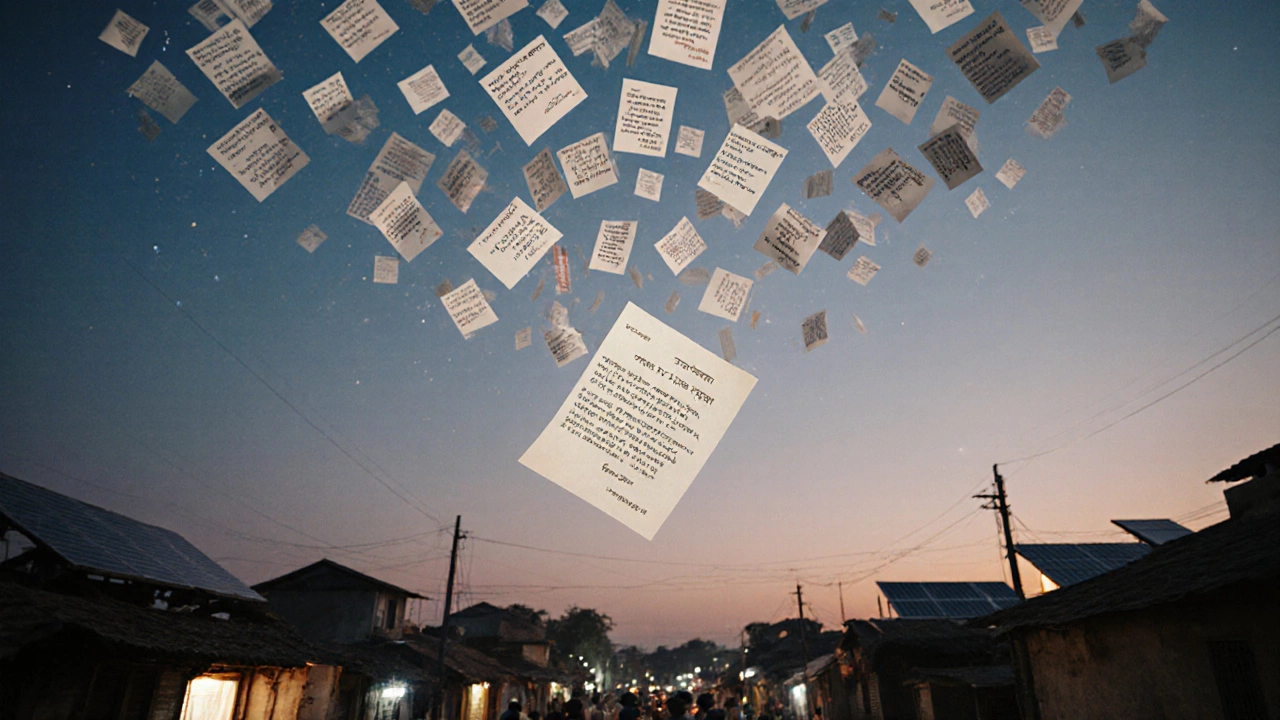 Handwritten letter turning into digital blog posts rising into the sky over an Indian village at dusk.