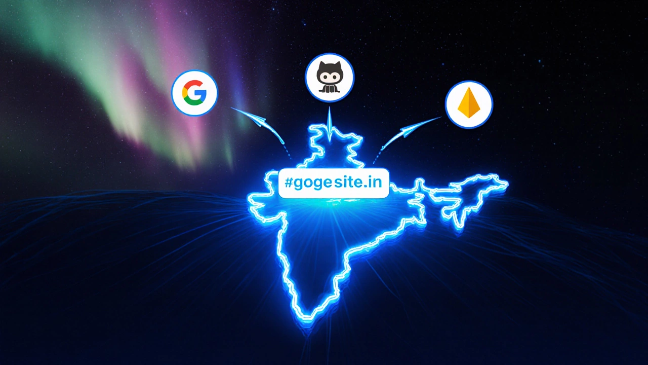 Illustration of a .in domain linked to Google Sites, GitHub Pages, and Firebase icons.