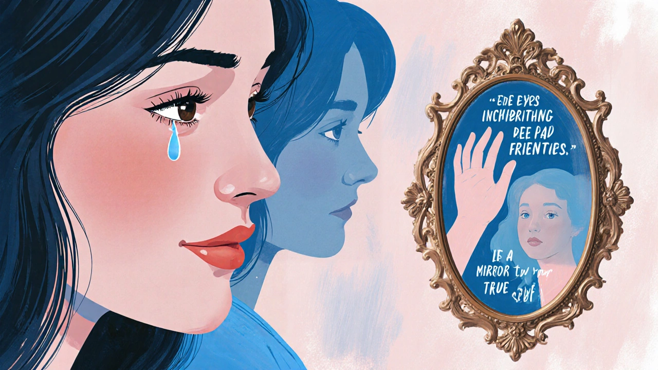 Illustration of a friend seeing hidden sadness behind a smile, with a mirror reflecting true self.