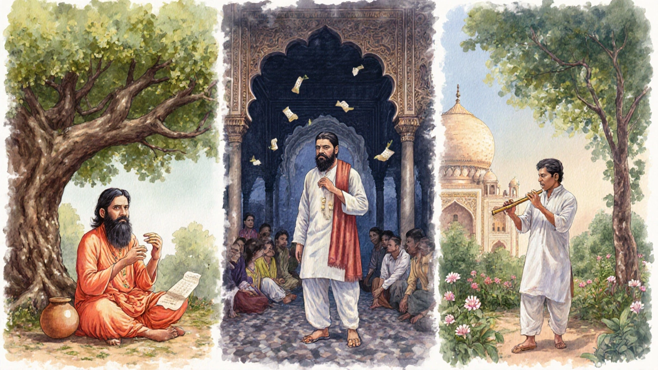 Kabir, Ghalib, and Tagore depicted in watercolor within their eras.