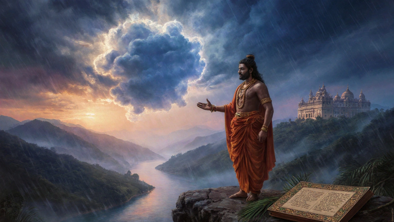 Kalidasa on a cliff with a cloud messenger forming above him at twilight.