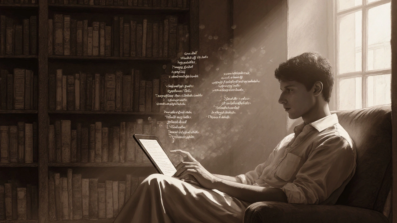 Modern person reading poetry on a tablet with floating verses.