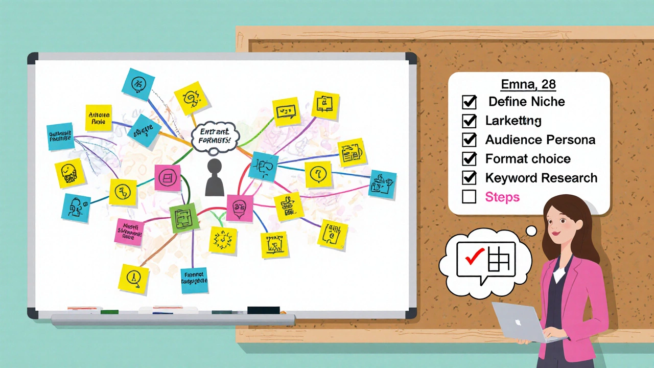 Overhead view of sticky notes, mind‑map, and persona sketch on a board.
