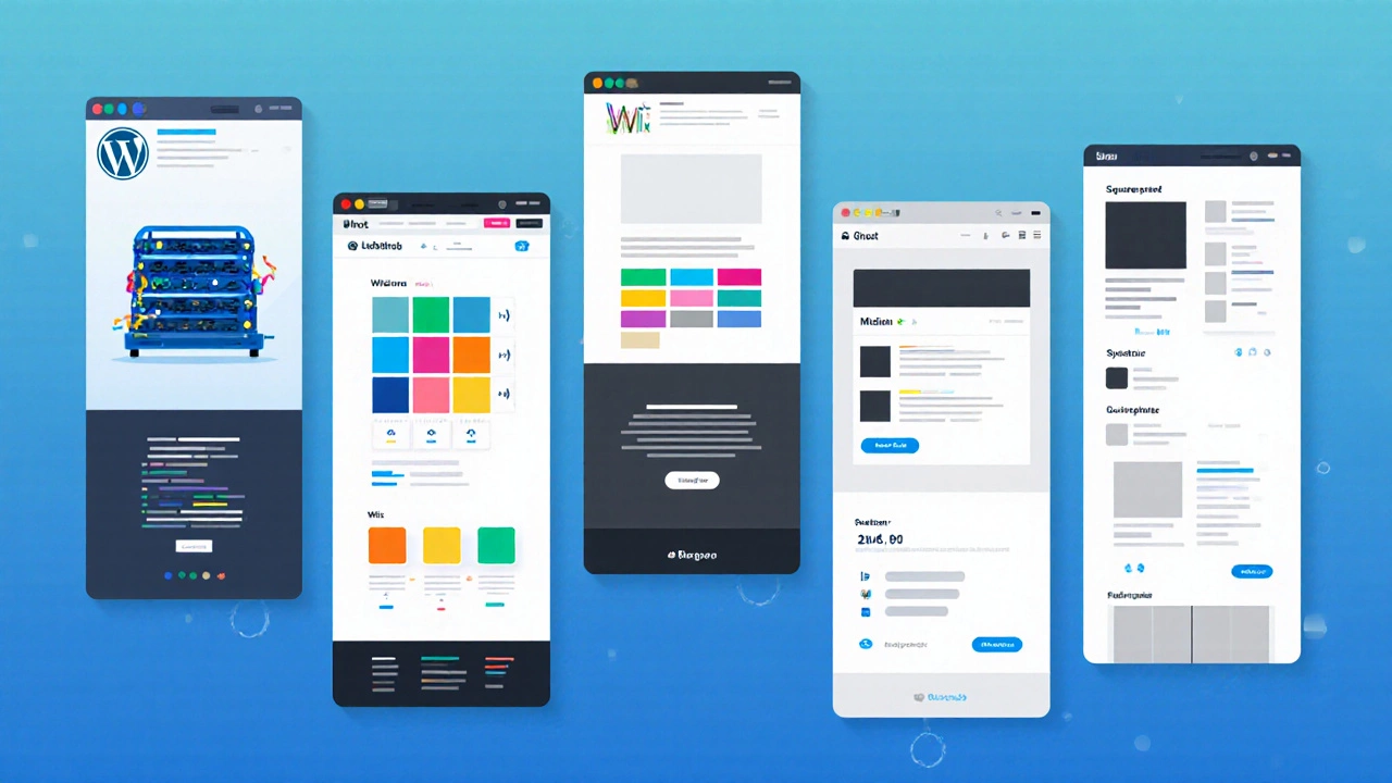 Seven-panel illustration comparing WordPress, Wix, Squarespace, Ghost, Medium, Blogger, and Substack.