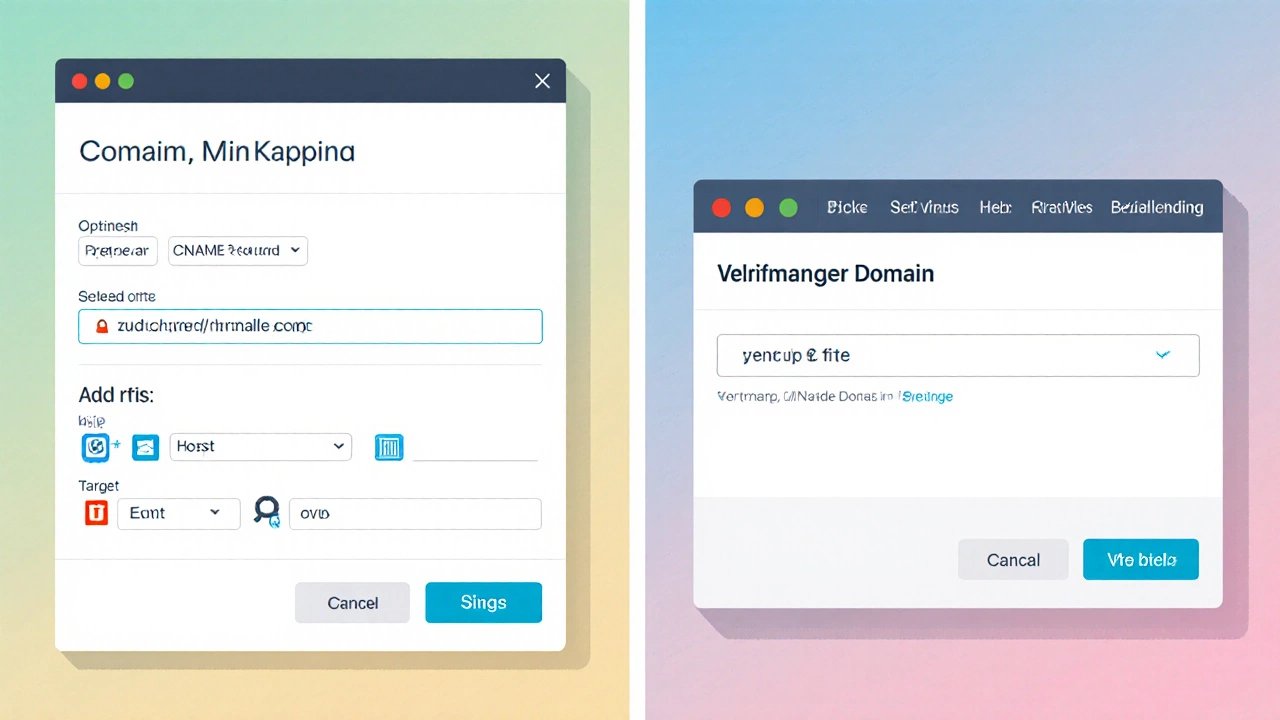 Split illustration of DNS CNAME setup and site domain verification.