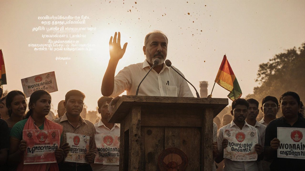 Subramania Bharati speaking passionately at an outdoor rally with students and flags.