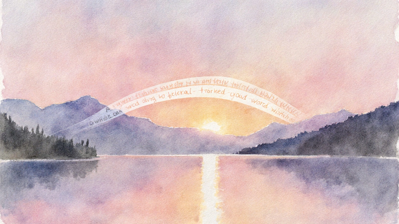 Sunrise over a lake with a light ribbon implying a brief inspirational line.