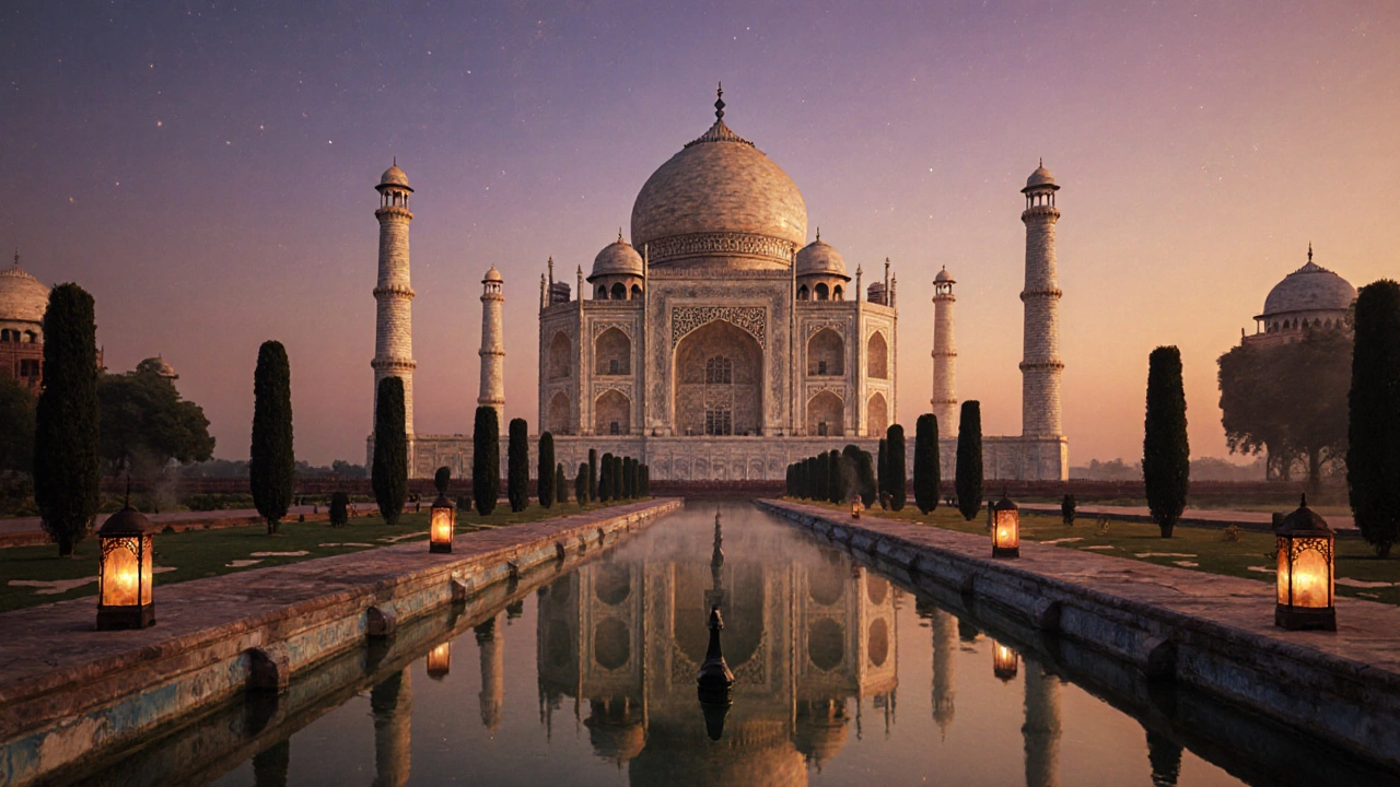 Taj Mahal at twilight reflected in illuminated pools amid garden lights.