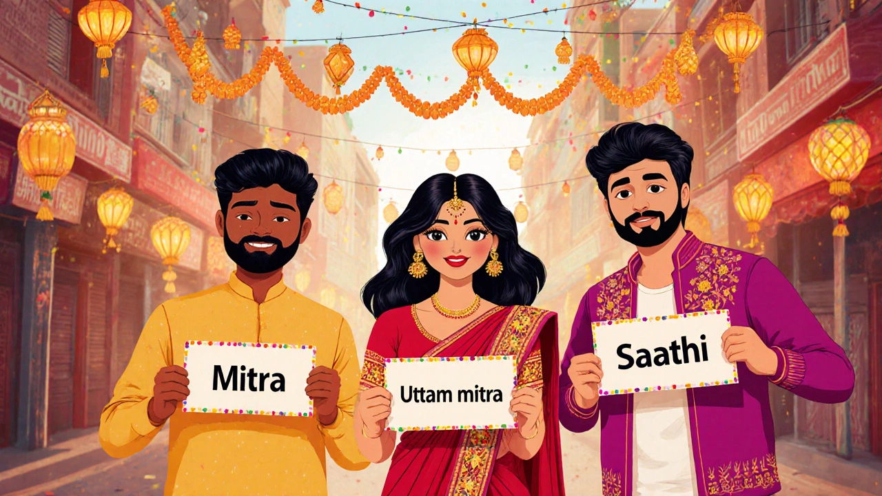 Three friends at an Indian street festival holding signs with Hindi friendship terms.
