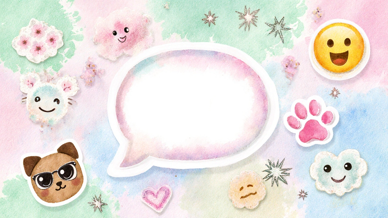 Watercolor collage of emojis and stickers around a hand‑drawn chat bubble.