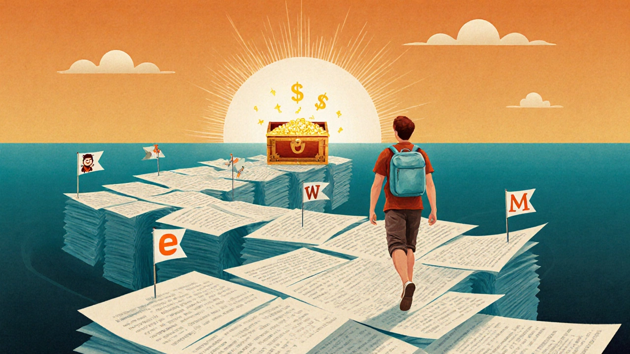 Winding road of stacked blog posts leading to a glowing treasure chest, with platform symbols as flags.