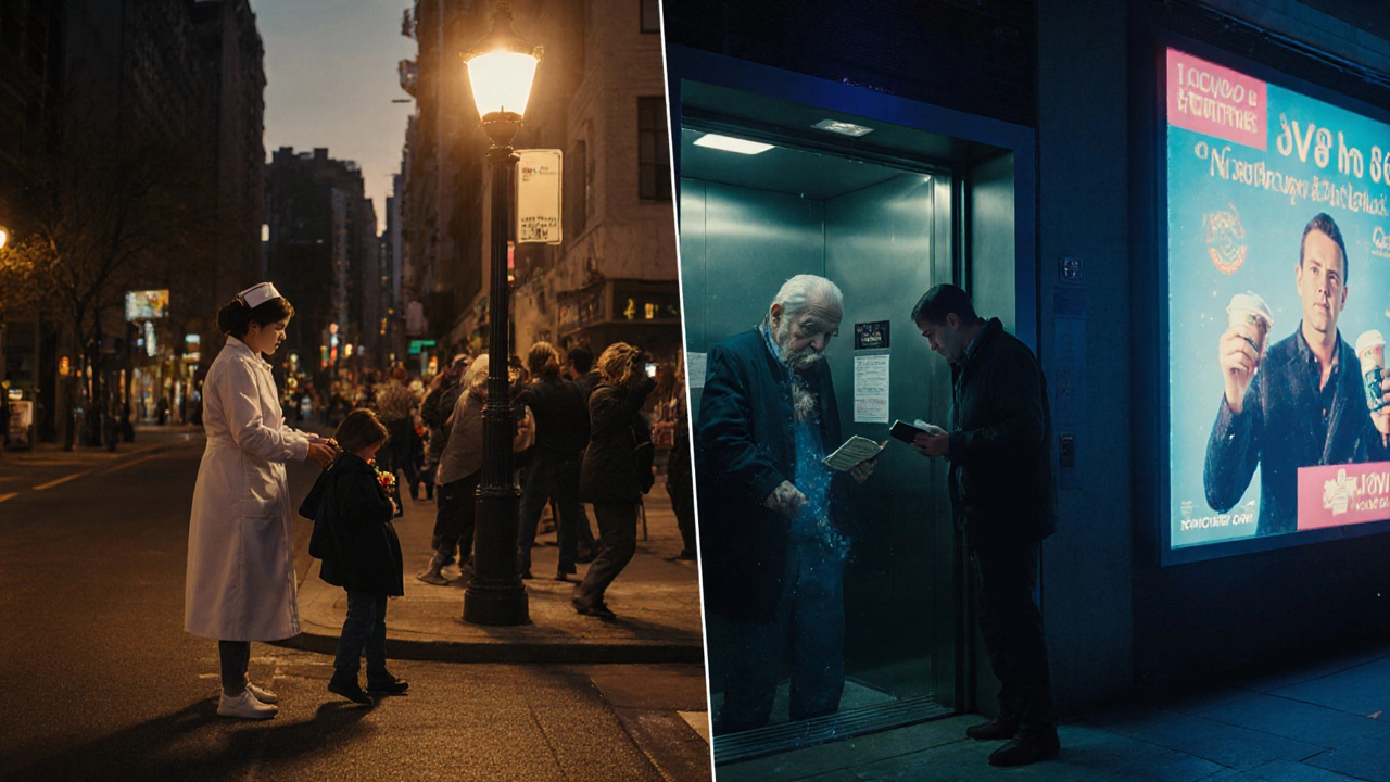 A city street divided into two sides showing kindness versus selfishness in daily life.