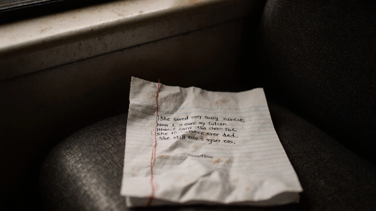 A handwritten poem on crumpled paper on a Mumbai train seat, showing lines about sacrifice.
