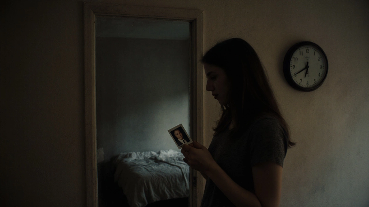 A young woman holding a photo in a dim room, her reflection showing tears, a bed untouched behind her.