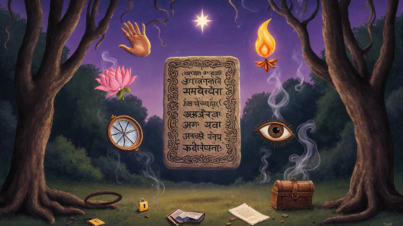 An ancient stone tablet floating above a forest with glowing symbols of virtue and shadowy remnants of vice.