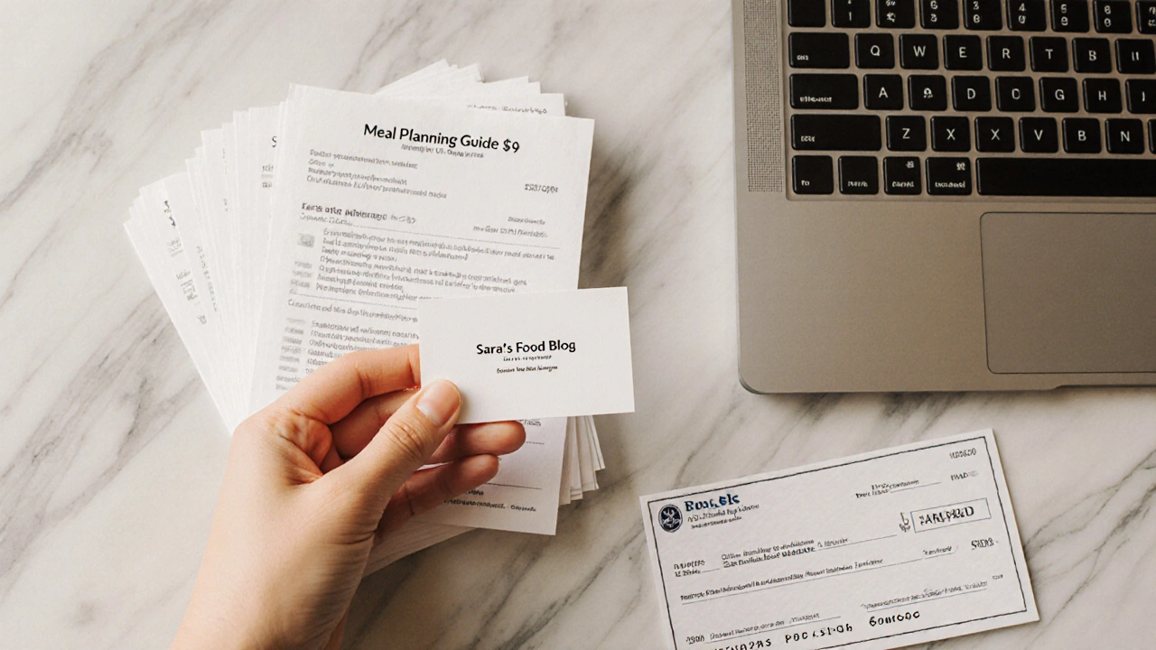 Business card and digital product PDFs on a marble surface with bank checkbook.