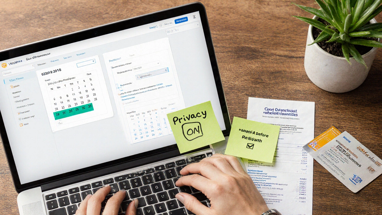 Desk with laptop showing domain dashboard, calendar reminders, and privacy protection note