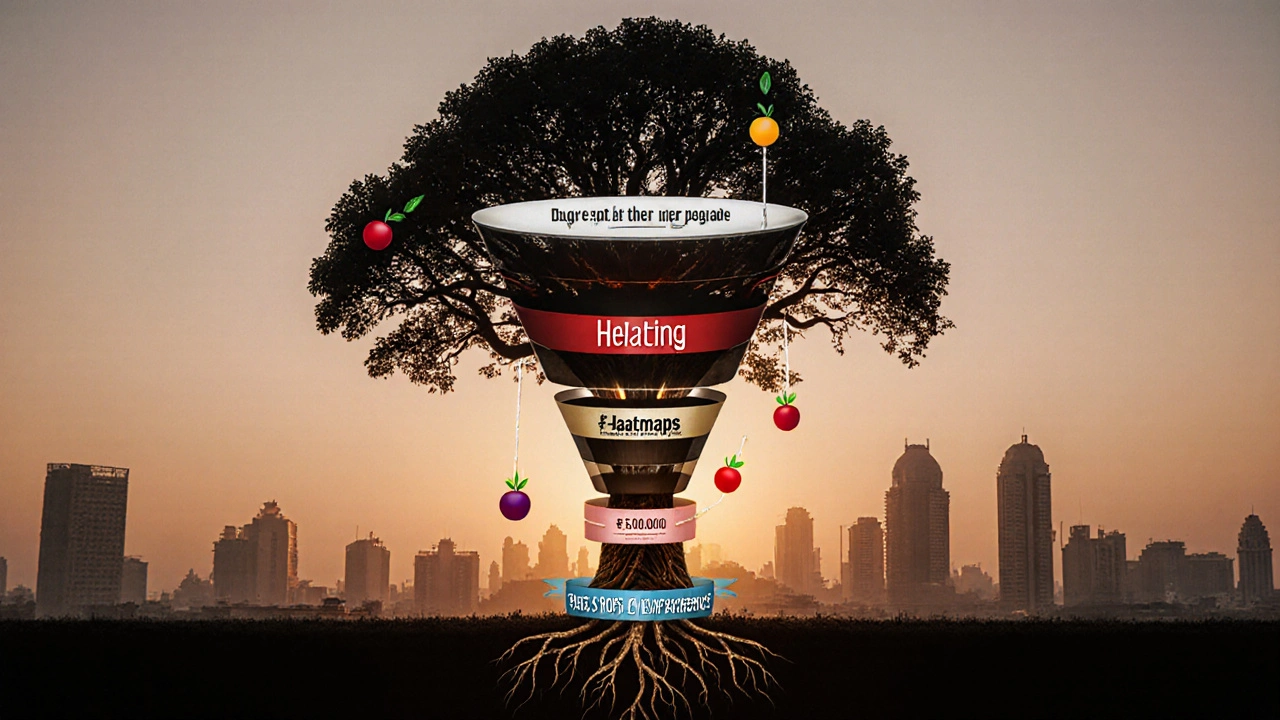 Landing page growing into a sales funnel tree with leads and revenue as fruit