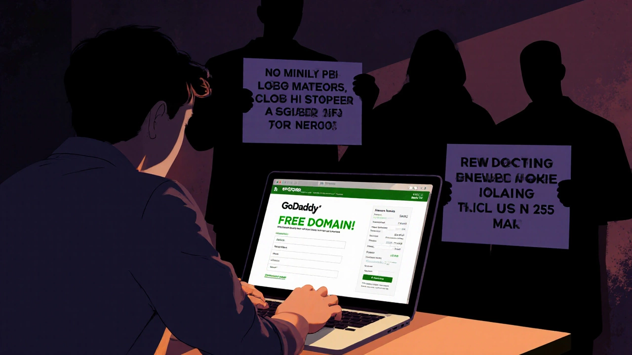 Person deceived by GoDaddy&#039;s free domain ad with warning signs