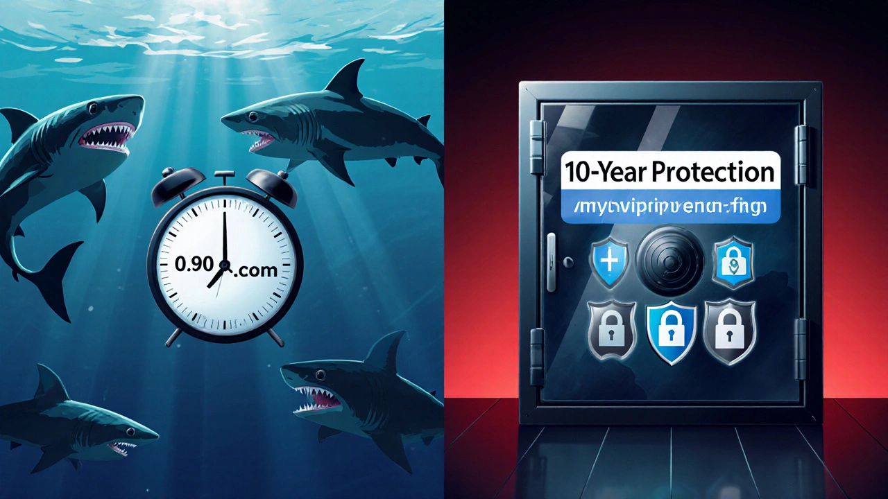 Split-screen: expired domain being taken by sharks vs. domain locked in protective vault