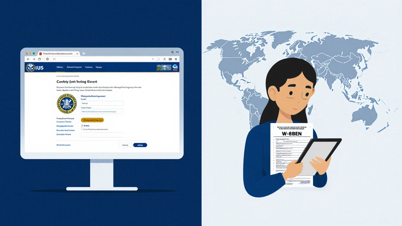 Split-screen of U.S. and international blogger completing tax forms.