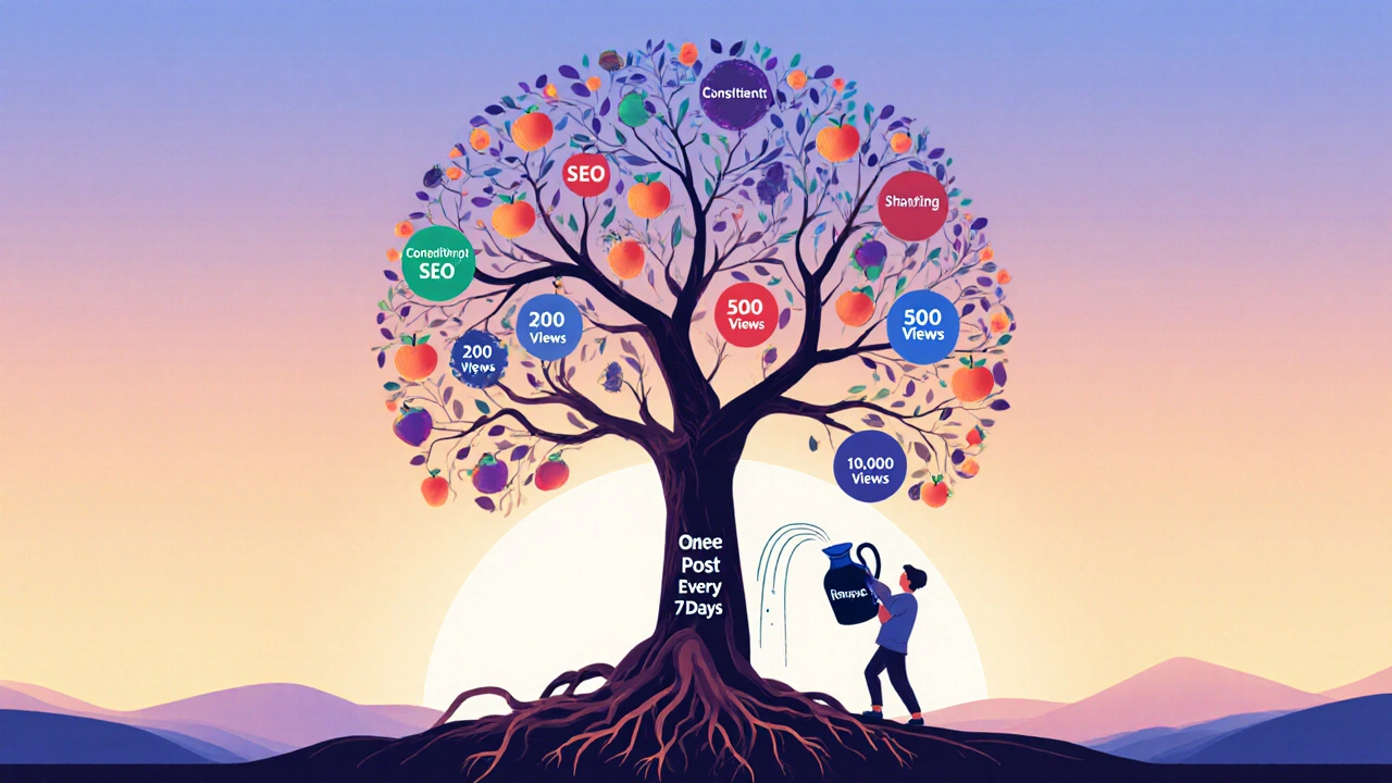 Tree with traffic growth fruits rooted in SEO and consistency