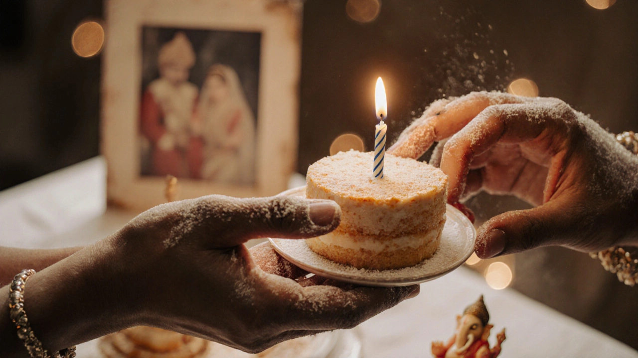 Two hands sharing birthday cake with a candle, faint religious and family photos in background.