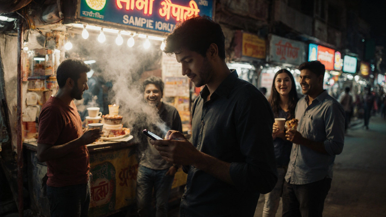 Young man texting a birthday wish at a bustling Indian chai stall with friends nearby.