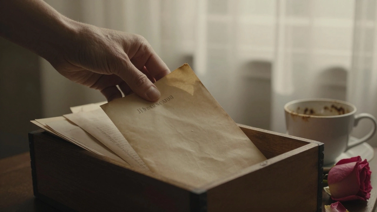 A hand placing a letter into a wooden box with a coffee cup and rose petal nearby.